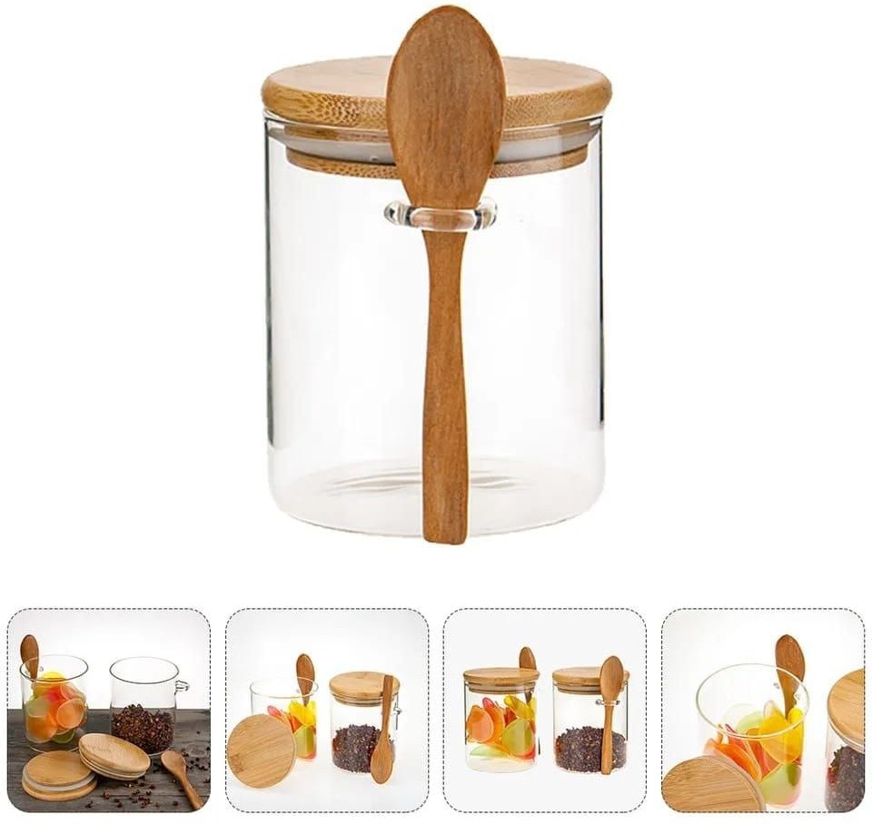 Glass spice/ Storage Canister with Wooden Spoon