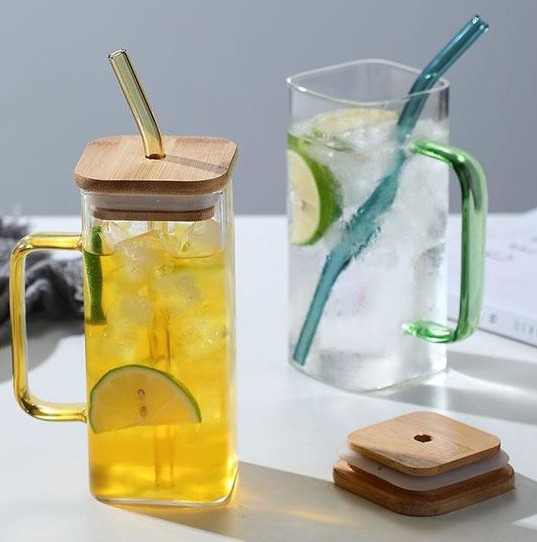 Square Smoothie Glass Cups with Bamboo Lid & Straw