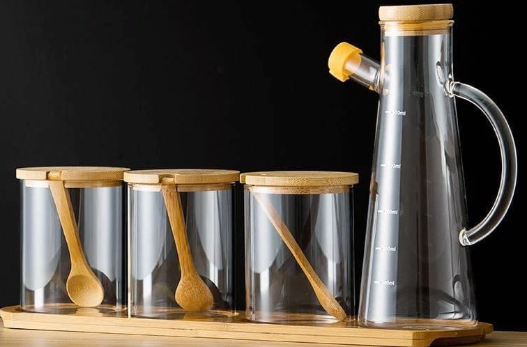 4pcs oil jar set with bamboo stand