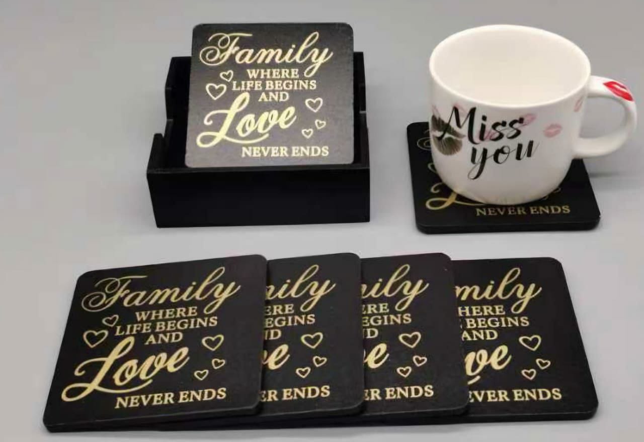 Wooden Family Coaster Set | 6pcs + Stand | Kenya