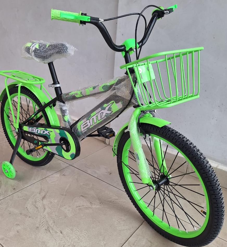Bmx size 20 kids bicycle with basket training wheels green (also available in blue red)