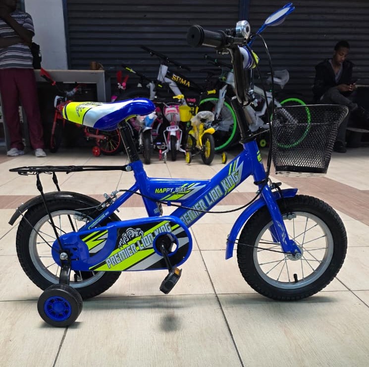 Premier Lion King size 12 Kids Bicycle with Basket and Training Wheels – Blue/Yellow